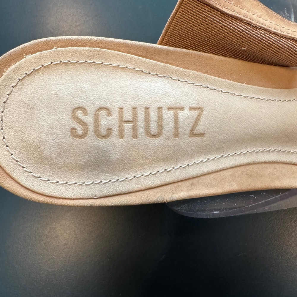 Schutz Women 9 B Clear Strap Tan Footbed Block Heel Slide Mule Sandals Neutral - Picture 12 of 16